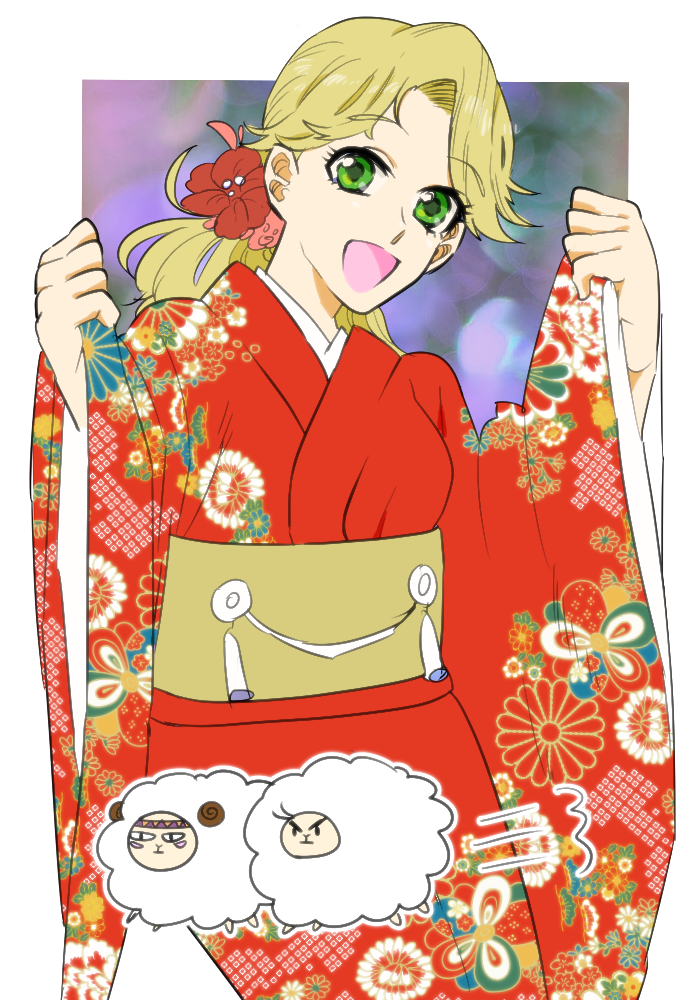 1girl alternate_costume animalization battle_tendency blonde_hair caesar_anthonio_zeppeli floral_print flower green_eyes hair_flower hair_ornament japanese_clothes jojo_no_kimyou_na_bouken joseph_joestar joseph_joestar_(young) kazuo_(kaduooooo) kimono obi ponytail sash sheep suzi_q wide_sleeves