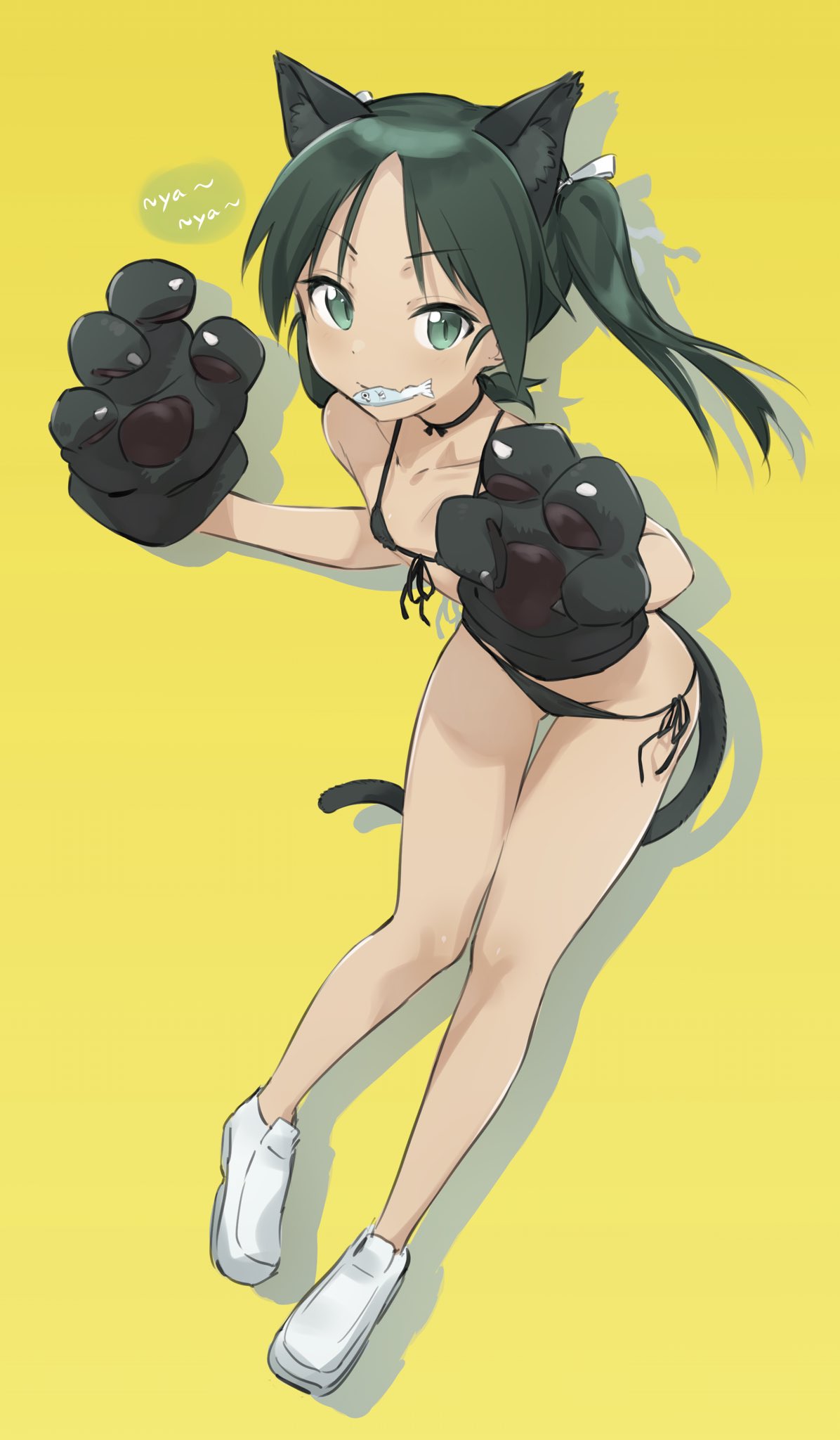 1girl animal_ear_fluff animal_ears animal_hands bangs bikini black_bikini cat_ears cat_paws cat_tail choker fang fankupl fish_in_mouth flat_chest francesca_lucchini front-tie_bikini front-tie_top full_body gloves green_eyes green_hair hair_ribbon highres long_hair looking_at_viewer parted_bangs paw_gloves ribbon side-tie_bikini simple_background skin_fang solo strike_witches swimsuit tail thigh_gap twintails white_footwear white_ribbon world_witches_series yellow_background