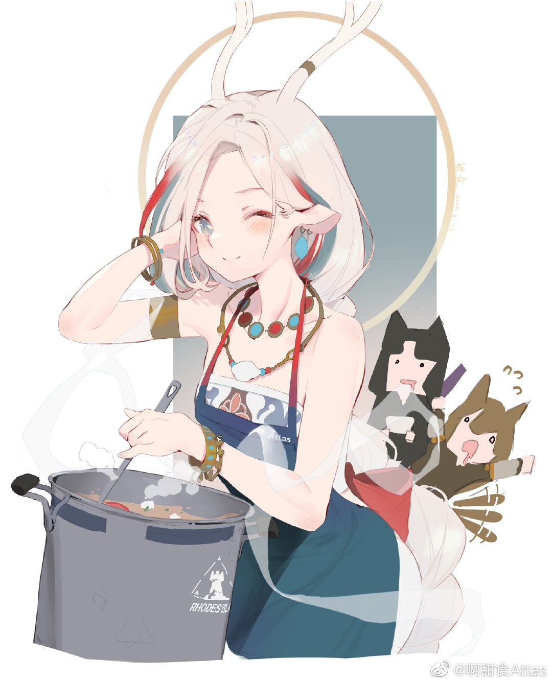 3girls ;) a_deer_of_nine_colors alternate_costume alternate_hairstyle animal_ears antlers apron arknights arm_up armlet artist_name bare_shoulders blue_eyes blue_hair blush bracelet braid ceobe_(arknights) chibi chibi_inset chinese_commentary closed_mouth collarbone commentary_request cooking cowboy_shot earrings forehead gradient gradient_background green_apron hand_in_hair highres jewelry long_hair looking_at_viewer multicolored_hair multiple_girls necklace nine-colored_deer one_eye_closed pot redhead rhodes_island_logo saga_(arknights) silver_hair single_braid smile solo_focus streaked_hair very_long_hair weibo_username white_background
