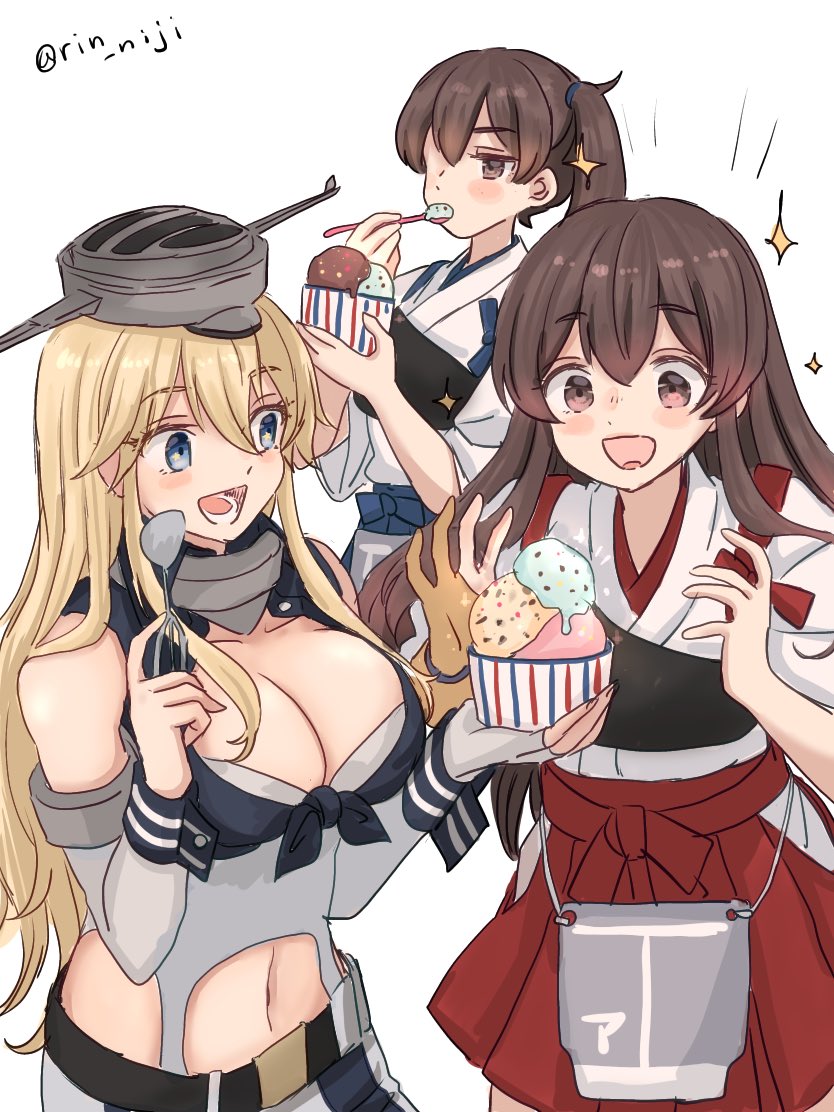 3girls akagi_(kancolle) apron blonde_hair blue_eyes blue_hakama breasts brown_eyes brown_hair flight_deck food front-tie_top hakama hakama_short_skirt hakama_skirt headgear ice_cream ice_cream_scoop iowa_(kancolle) japanese_clothes kaga_(kancolle) kantai_collection large_breasts long_hair multiple_girls muneate red_hakama rin_(rin_niji) side_ponytail simple_background skirt star-shaped_pupils star_(symbol) straight_hair symbol-shaped_pupils tasuki thigh-highs upper_body white_background