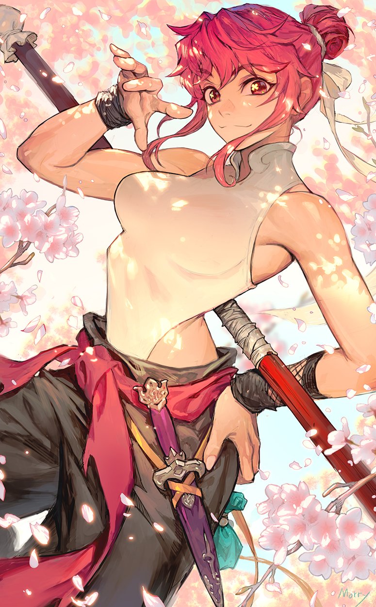 1girl artist_name bag bangs breasts cherry_blossoms double_bun dougi eyebrows_visible_through_hair fishnet_armwear fishnets hair_between_eyes hand_on_hip highres holding holding_weapon knife large_breasts morry original petals pink_eyes pink_hair pose sheath sheathed shirt short_hair sleeveless solo staff tied_hair tree weapon weapon_on_back white_shirt