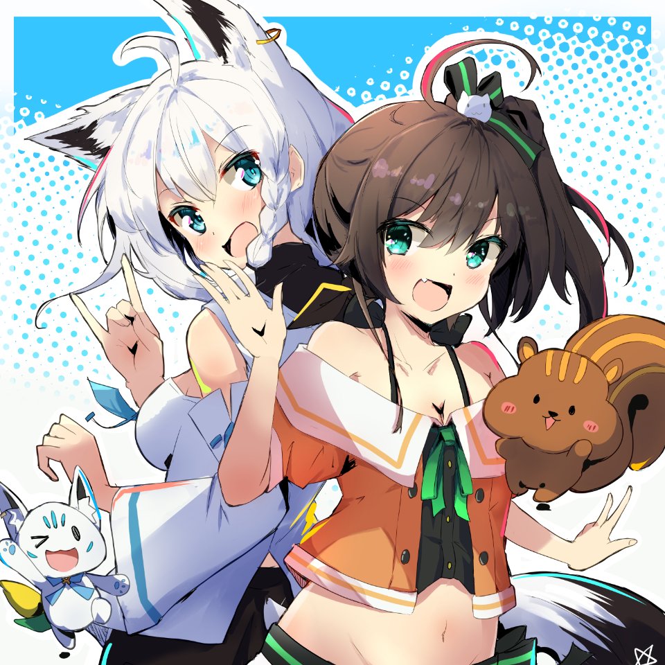 &gt;_o 0344 2girls ahoge animal_ears arm_up bangs black_shorts blush bow braid breasts brown_hair collarbone commentary_request crop_top detached_sleeves earrings eyebrows_visible_through_hair fang flat_chest fox_ears fox_girl fox_shadow_puppet fox_tail green_eyes hair_between_eyes hair_bow hololive hood hoodie jewelry long_hair looking_at_viewer matsurisu midriff multiple_girls natsuiro_matsuri navel one_eye_closed one_side_up open_mouth orange_shirt pentagram shirakami_fubuki shirt short_shorts shorts sidelocks single_braid skin_fang small_breasts sukonbu_(shirakami_fubuki) tail virtual_youtuber white_hair white_hoodie