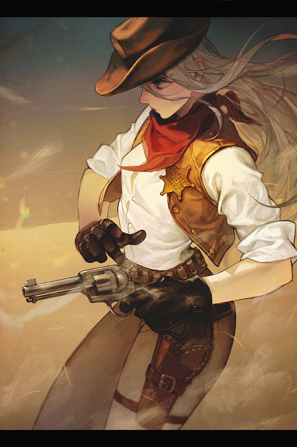 1girl artist_name belt black_gloves blue_eyes bullet cowboy_hat cowboy_western floating_hair from_side gloves gun hair_between_eyes handgun hat highres holding holding_weapon holster long_hair morry original pants red_scarf revolver scarf shaded_face sheriff sheriff_badge shirt silver_hair solo star_(symbol) symbol-only_commentary weapon white_shirt wind wind_lift
