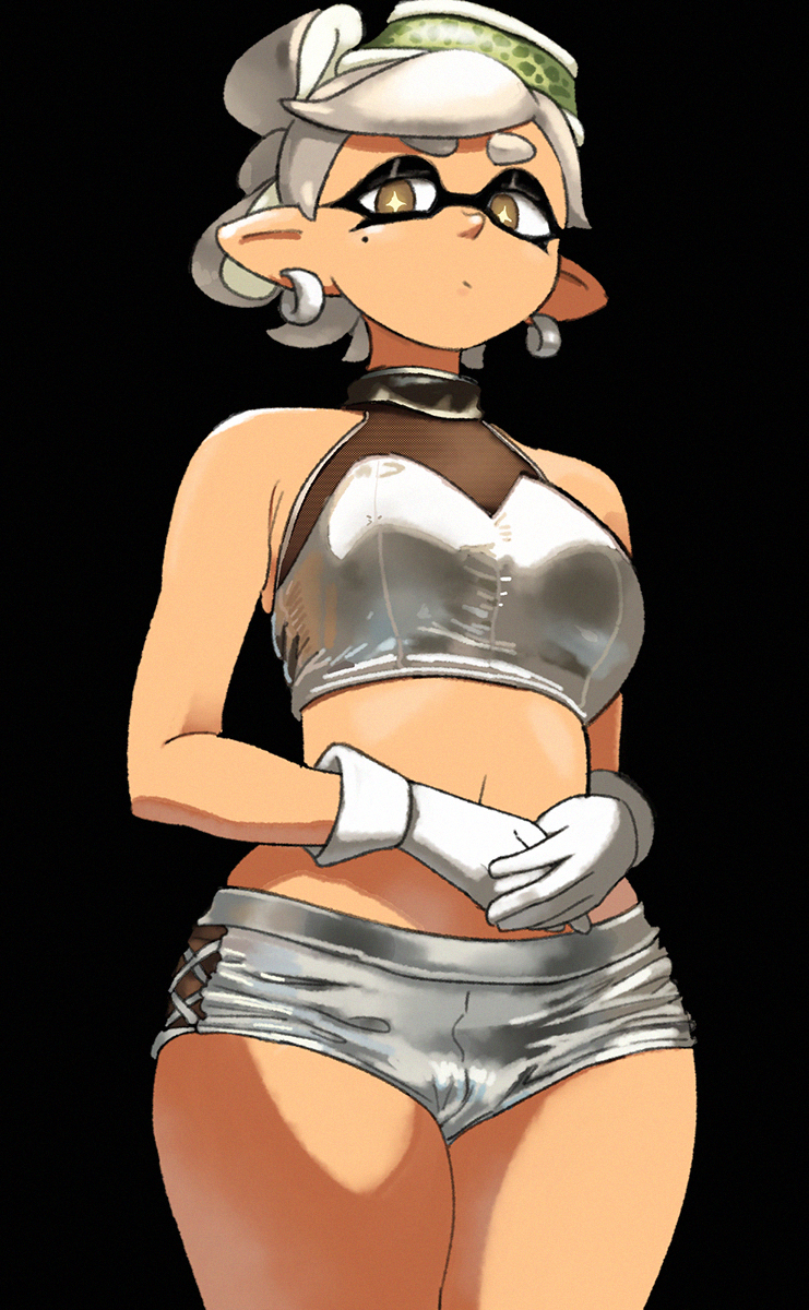 +_+ 1girl :/ bangs bare_shoulders black_background breasts closed_mouth commentary cowboy_shot crop_top earrings english_commentary foreshortening gloves grey_hair hair_ornament hat highres jewelry marie_(splatoon) medium_breasts mini_hat mole mole_under_eye navel own_hands_together pointy_ears see-through_shirt short_eyebrows short_hair short_shorts shorts silver_shirt silver_shorts simple_background sleeveless solo splatoon_(series) splatoon_1 standing swept_bangs symbol-shaped_pupils tentacle_hair thick_eyebrows tied_hair white_gloves yellow_eyes yuta_agc