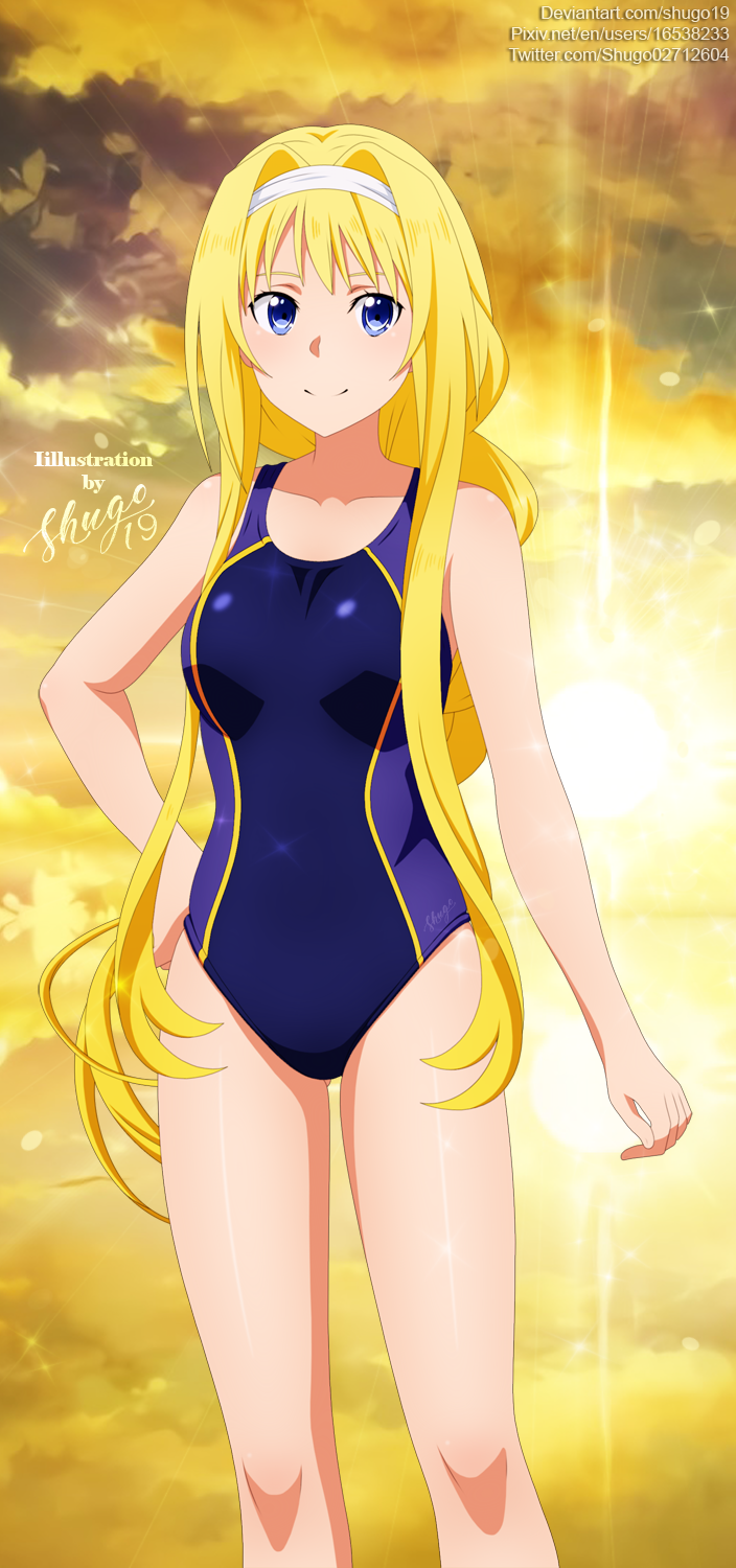 1girl alice_zuberg ass_visible_through_thighs bangs blonde_hair blue_eyes blue_swimsuit breasts competition_swimsuit deviantart_username eyebrows headband highres legs long_hair medium_breasts multicolored_clothes multicolored_swimsuit one-piece_swimsuit pixiv_id pose shugo19 signature smile sunset swimsuit sword_art_online twitter_username very_long_hair