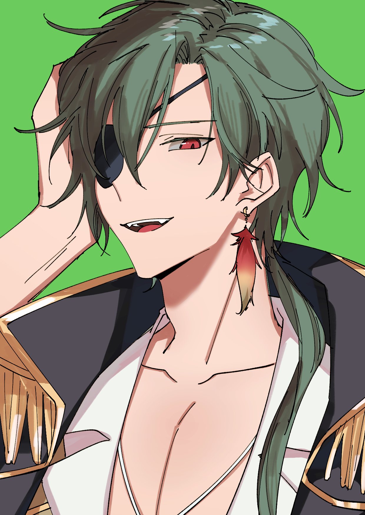 1boy 3di_project bangs black_eyepatch collarbone collared_shirt earrings eyepatch fang feather_earrings feathers green_background green_hair highres jewelry jortun_leventor long_hair male_focus open_mouth pirate pirate_costume red_eyes rigu_(3di) shirt solo virtual_youtuber