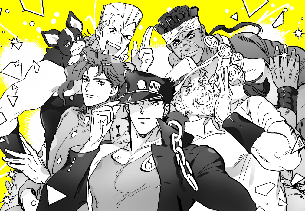 5boys adjusting_clothes adjusting_headwear beard boston_terrier chain confetti dark-skinned_male dark_skin eyelashes facial_hair facial_mark gakuran gloves hat headband iggy_(jojo) jean_pierre_polnareff jewelry jojo_no_kimyou_na_bouken joseph_joestar joseph_joestar_(old) kakyoin_noriaki kujo_jotaro mohammed_avdol monochrome multiple_boys necklace nitako old old_man ponytail salute school_uniform sparkle stardust_crusaders two-finger_salute