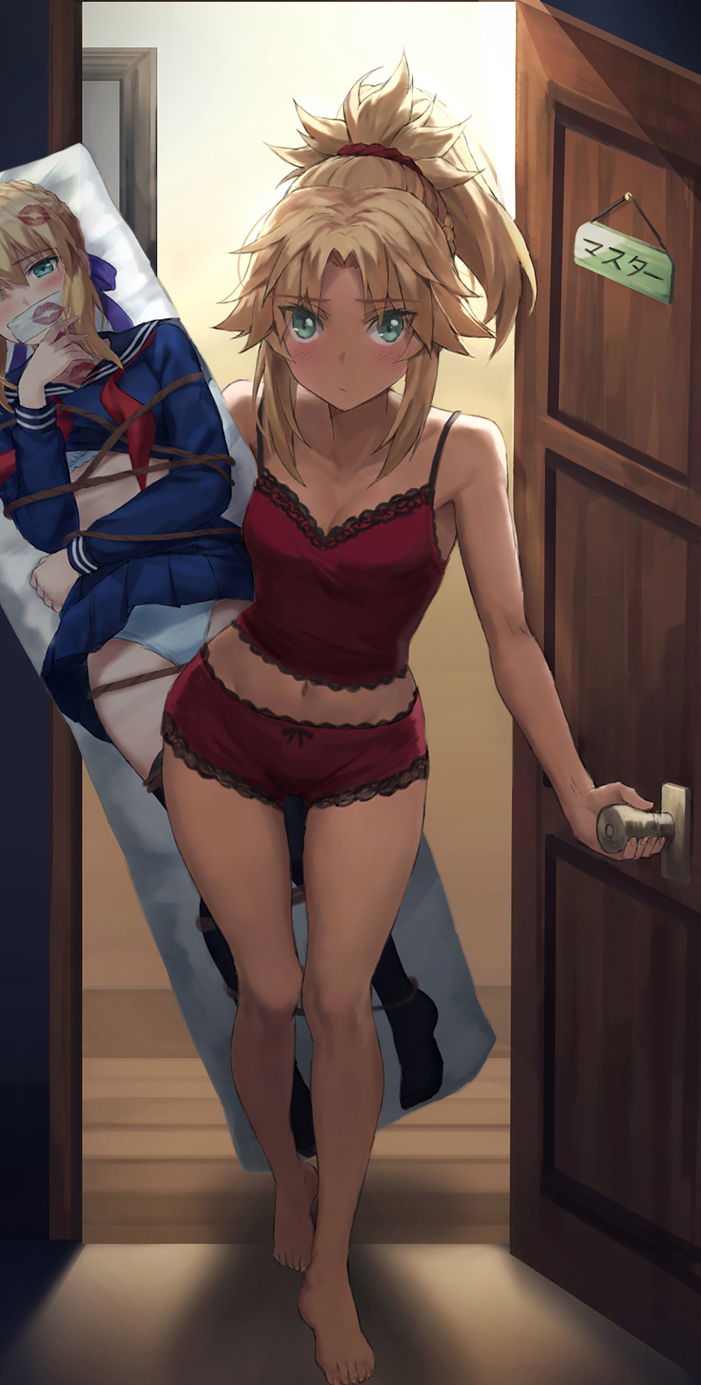 1girl artoria_pendragon_(fate) ass_visible_through_thighs blonde_hair blue_eyes blush breasts camisole dakimakura_(object) expressionless eyebrows_visible_through_hair fate/apocrypha fate/grand_order fate_(series) frilled_shorts frills groin highres implied_yuri lipstick_mark looking_at_viewer midriff mordred_(fate) mother_and_daughter navel no_pants panties pillow ponytail pov_doorway red_camisole red_panties red_scrunchie red_shorts saber scrunchie shirt short_shorts shorts small_breasts solo striped tonee underwear