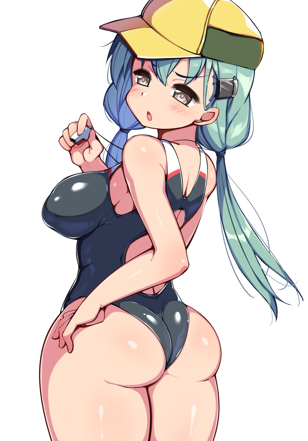 1girl alternate_costume alternate_hairstyle aqua_hair ass bare_shoulders blush breasts brown_eyes hair_ornament hairclip hand_on_hip hat highres kantai_collection kurokoshou_(emuburemu123) large_breasts long_hair low_twintails one-piece_swimsuit open_mouth solo suzuya_(kancolle) swimsuit twintails whistle