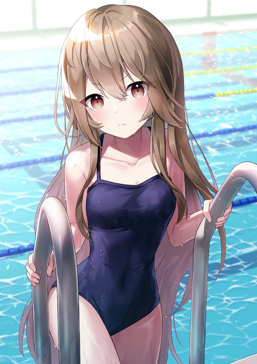 1girl bangs black_swimsuit brown_eyes brown_hair closed_mouth commission eyebrows_visible_through_hair highres holding long_hair looking_at_viewer one-piece_swimsuit original pool skeb_commission solo suzuno_naru swimsuit water wet