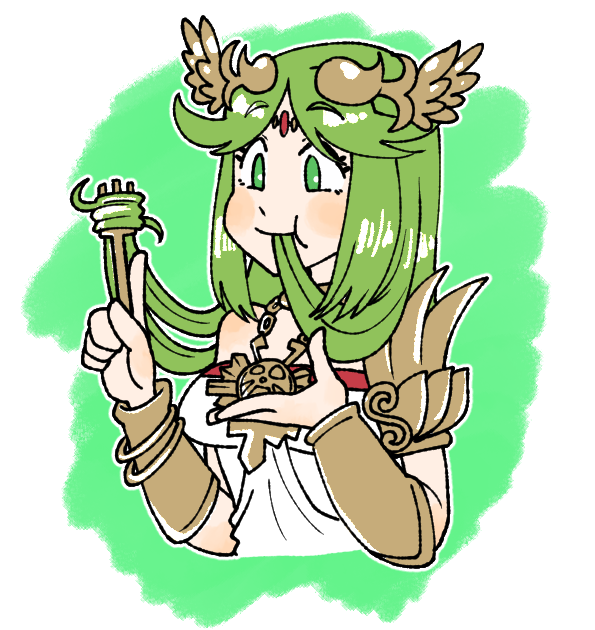 1girl abababu000 bangs bare_shoulders blush bracelet breasts cheek_bulge choker commission commissioner_upload dress eating_hair eyebrows_visible_through_hair fork green_eyes green_hair jewelry kid_icarus kid_icarus_uprising long_hair necklace palutena parted_bangs pendant simple_background skeb_commission sleeveless sleeveless_dress smile solo strapless strapless_dress upper_body very_long_hair white_dress
