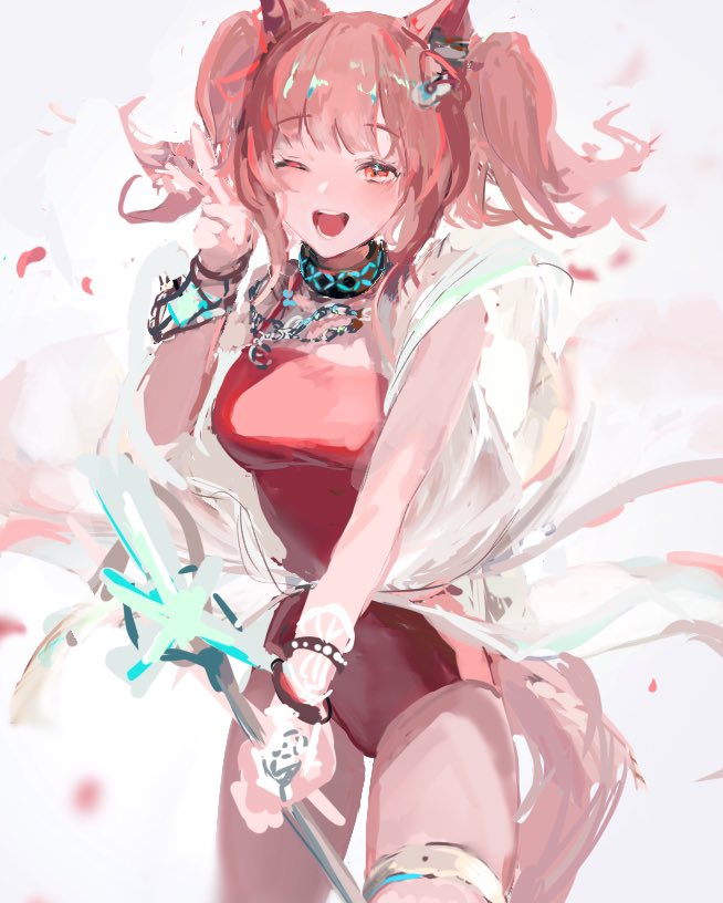 1girl ;d angelina_(arknights) angelina_(summer_flowers)_(arknights) animal_ears arknights blush bracelet breasts brown_hair casual_one-piece_swimsuit collar cowboy_shot fox_ears fox_girl fox_tail hair_ribbon holding holding_staff infection_monitor_(arknights) jewelry long_hair looking_at_viewer medium_breasts necklace official_alternate_costume one-piece_swimsuit one_eye_closed open_mouth red_eyes red_ribbon red_swimsuit ribbon simple_background smile solo staff swimsuit tail thigh_strap twintails urakichi_(karashimayo_2) v white_background