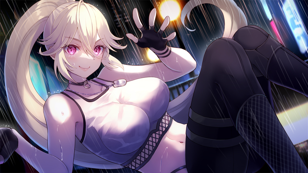 1girl 60mai bangs bare_arms black_gloves black_pants bracelet breasts breasts_apart c: character_request closed_mouth collar collarbone dog_tags fingerless_gloves floating_hair gloves hair_between_eyes jewelry large_breasts long_hair looking_at_viewer midriff navel pants ponytail rain red_eyes silver_hair smile solo stomach tank_top very_long_hair virtual_youtuber white_tank_top