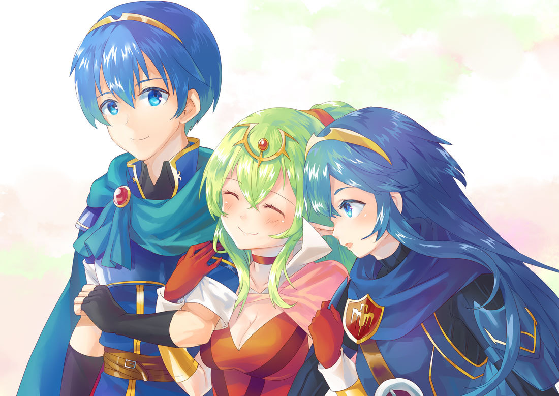 1boy 2girls blue_hair cleavage fire_emblem fire_emblem_awakening green_hair lucina lucina_(fire_emblem) marth marth_(fire_emblem) tiki_(fire_emblem)