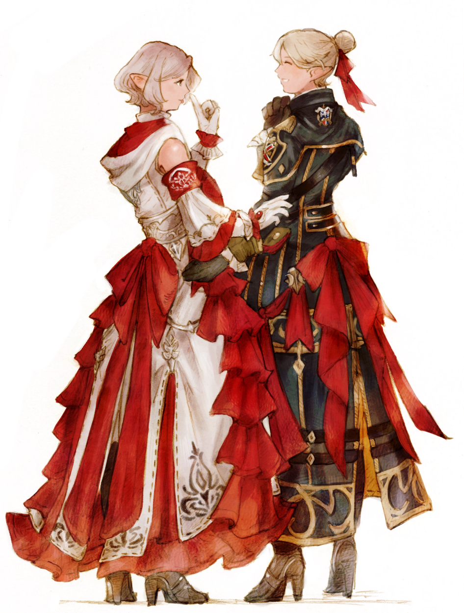 2girls detached_sleeves elezen elf facing_away final_fantasy final_fantasy_xiv from_behind gloves grey_hair hair_bun high_heels highres looking_at_another multiple_girls peppermint_jet pointy_ears scholar_(final_fantasy) short_hair white_background white_mage