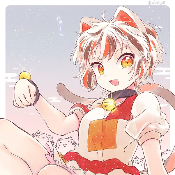 1girl animal_ears bangs bell biyon calico cat_ears cat_girl cat_tail commentary_request gesture goutokuji_mike jingle_bell maneki-neko multicolored_clothes multicolored_hair multicolored_shirt multicolored_tail neck_bell open_mouth orange_eyes patch patchwork_clothes paw_pose short_hair streaked_hair tail touhou white_hair