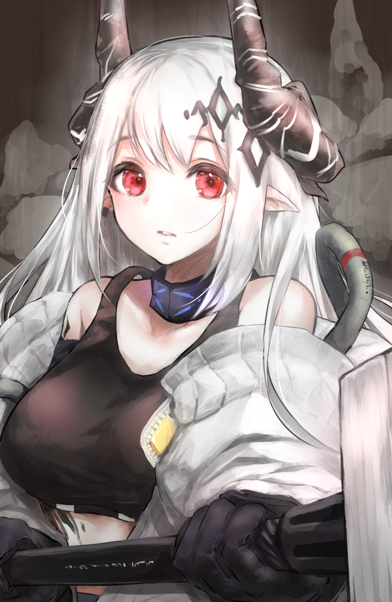 1girl arknights black_collar black_gloves black_shirt breasts coat collar crop_top demon_horns ginnote gloves hair_ornament hammer holding holding_hammer horns infection_monitor_(arknights) large_breasts looking_at_viewer mudrock_(arknights) off_shoulder open_clothes open_coat pointy_ears red_eyes shirt solo upper_body war_hammer weapon white_coat