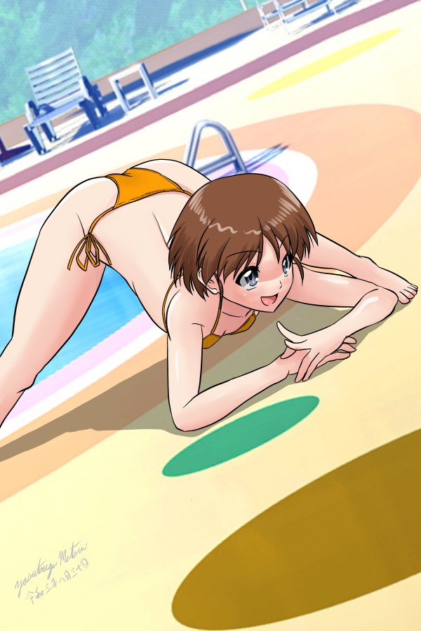 1girl artist_name bangs barefoot beach_chair beach_umbrella bikini blue_eyes breasts brown_hair commentary dated day dutch_angle eyebrows_visible_through_hair girls_und_panzer jack-o'_challenge looking_to_the_side matsui_yasutsugu open_mouth orange_bikini outdoors pool sakaguchi_karina shadow short_hair side-tie_bikini signature small_breasts smile solo spread_legs string_bikini swimsuit top-down_bottom-up umbrella