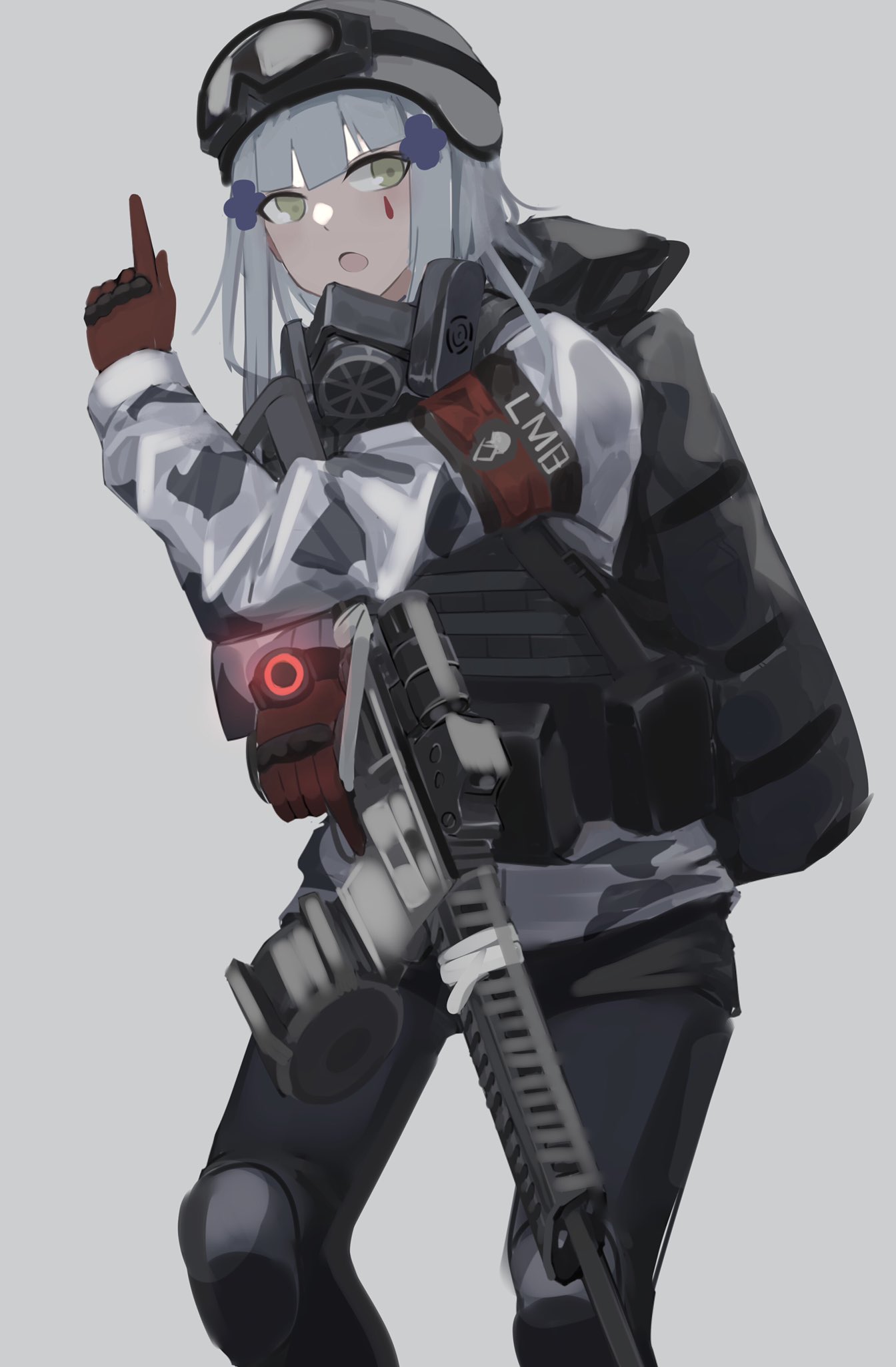 1girl armor assault_rifle bag bangs chcn facial_mark girls_frontline gloves goggles goggles_on_headwear green_eyes gun h&amp;k_hk416 hair_ornament hat helmet highres hk416_(fang)_(girls'_frontline) hk416_(girls'_frontline) holding holding_gun holding_weapon jacket long_hair mask p416 pantyhose red_gloves respirator rifle silver_hair solo tom_clancy's_the_division uniform weapon winter_uniform