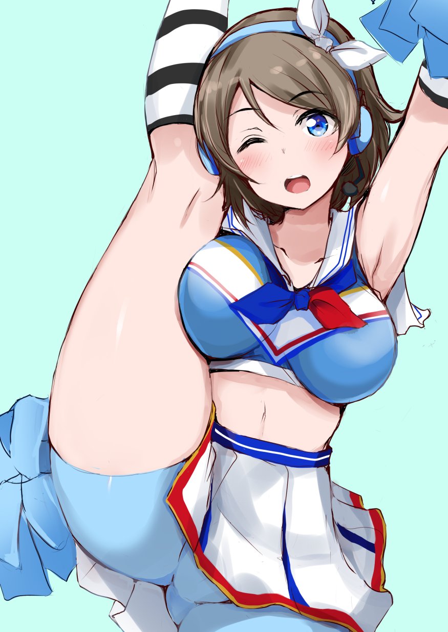 1girl alternate_costume arm_up armpits bike_shorts blue_background blue_eyes blue_short blush breasts cheering cheerleader clothes_writing commission crop_top gengoroh grey_hair hairband highres holding holding_pom_poms leg_up love_live! love_live!_sunshine!! medium_breasts midriff miniskirt navel one_eye_closed open_mouth pleated_skirt pom_pom_(cheerleading) sailor_collar shirt short_hair skeb_commission skirt sleeveless sleeveless_shirt smile solo standing standing_on_one_leg watanabe_you white_sailor_collar white_skirt