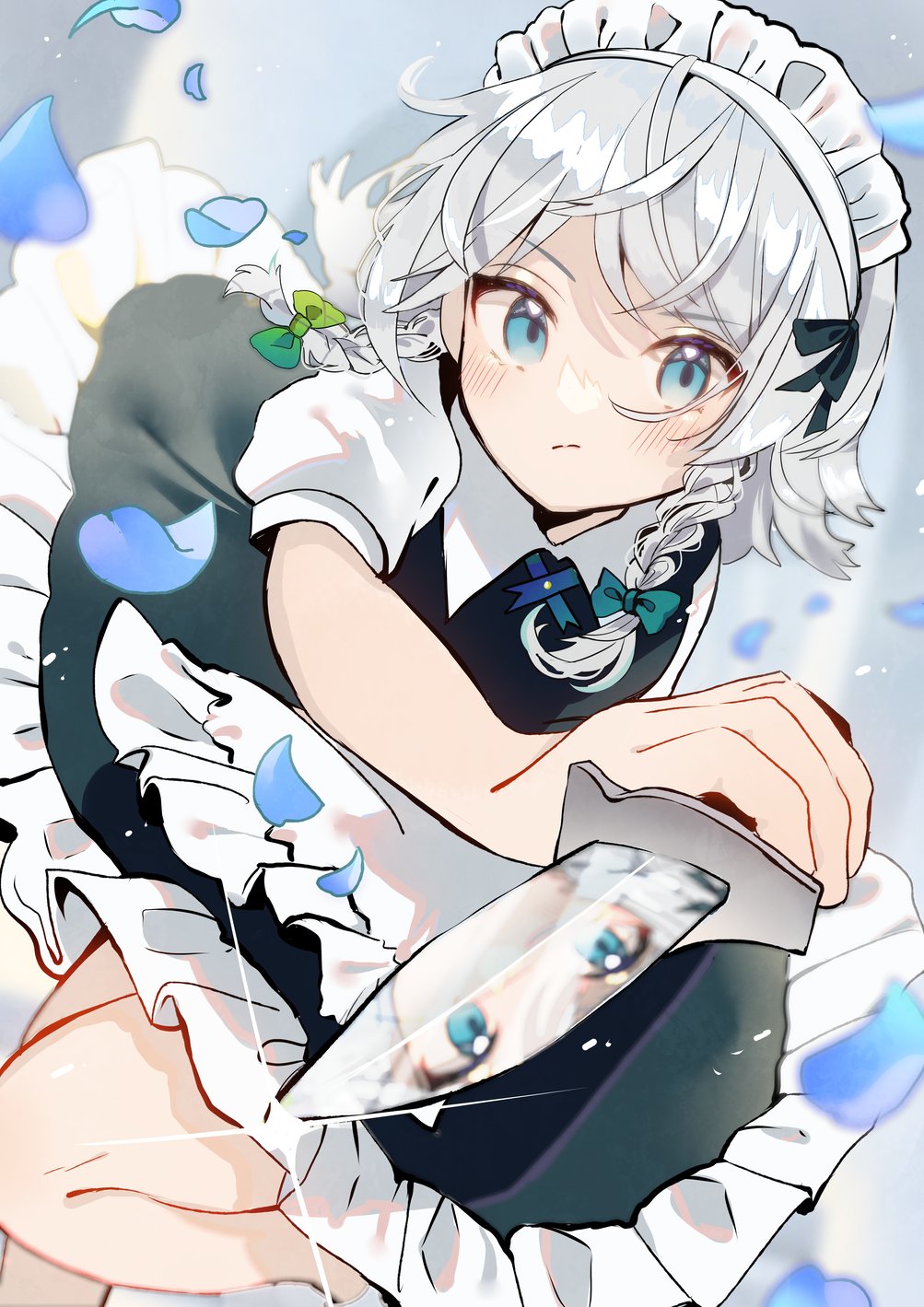 1girl apron blue_dress blue_eyes blue_petals blue_ribbon closed_mouth collared_shirt commentary_request dress eyebrows_visible_through_hair frilled_apron frilled_dress frills grey_hair highres holding holding_knife izayoi_sakuya knife looking_at_viewer maid maid_apron maid_headdress petals puffy_short_sleeves puffy_sleeves ribbon shiny shirt short_hair short_sleeves silver_hair tamagogayu1998 touhou waist_apron white_apron white_shirt