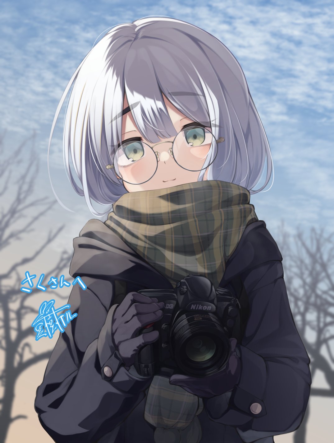 1girl bangs bare_tree black_gloves black_jacket blue_sky brown_scarf camera closed_mouth clouds cloudy_sky commentary_request day eyebrows_visible_through_hair glasses gloves green_eyes hair_between_eyes head_tilt highres holding holding_camera hood hood_down hooded_jacket jacket long_sleeves looking_at_viewer natsuki_teru original outdoors round_eyewear scarf signature sky sleeves_past_wrists smile solo thick_eyebrows translation_request tree upper_body white_hair