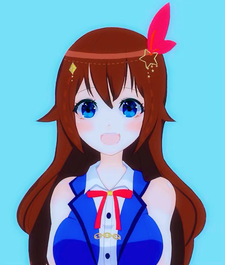 1girl :d aqua_background bangs bare_shoulders blue_eyes blue_vest blush breasts brown_hair buttons collared_shirt commentary_request cropped_vest face hair_between_eyes hair_flaps hair_ornament hololive lapel long_hair looking_at_viewer neck_ribbon open_mouth red_ribbon ribbon shirt simple_background sleeveless sleeveless_shirt smile solo star_(symbol) star_hair_ornament tokino_sora upper_body uruha_rushia_(artist) very_long_hair vest virtual_youtuber