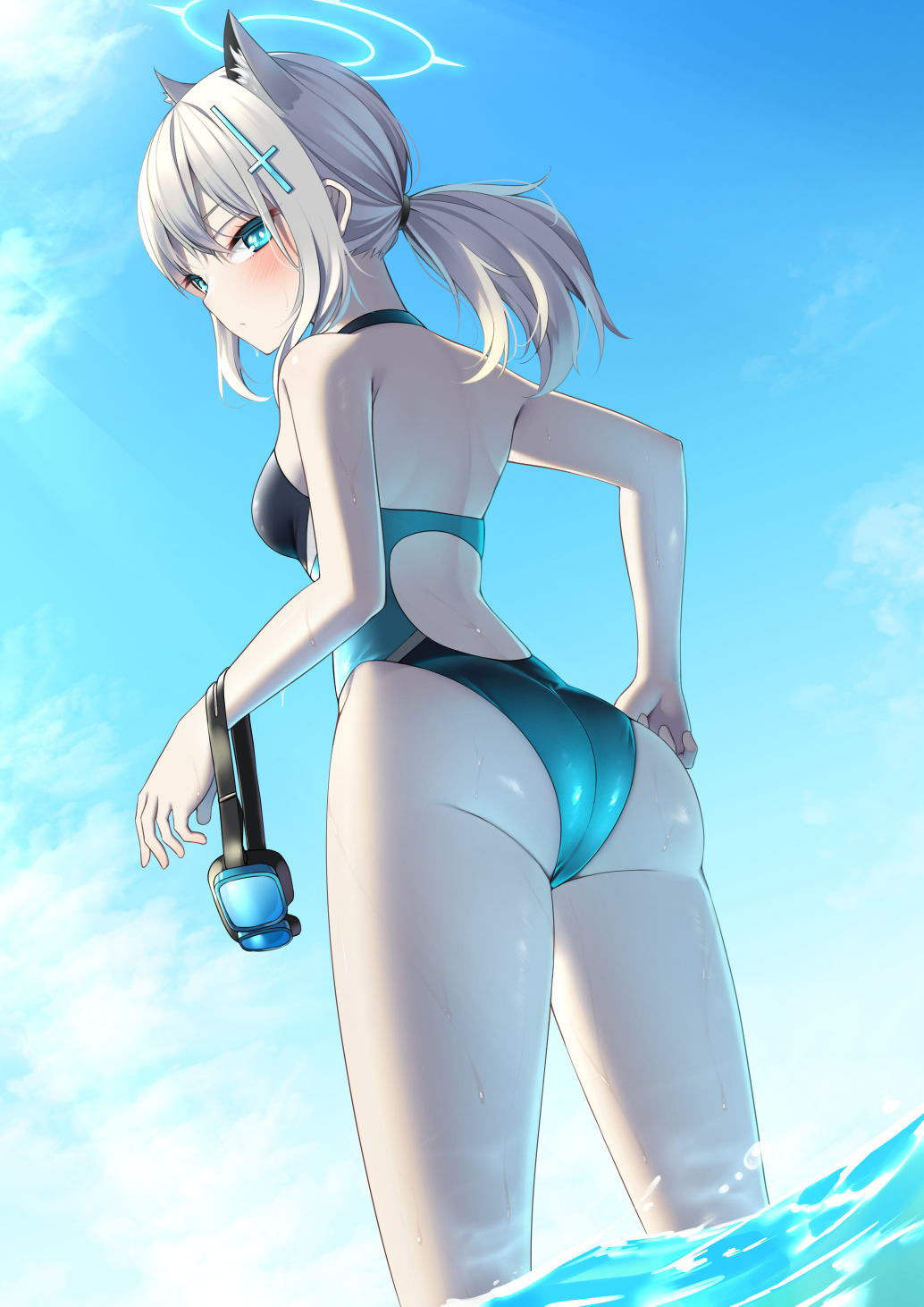 1girl animal_ear_fluff animal_ears ass blue_archive blue_eyes blue_sky clouds commentary_request competition_swimsuit cross_hair_ornament from_behind goggles goggles_removed grey_hair hair_ornament halo highres low_twintails medium_hair menbou_(menbow3v) one-piece_swimsuit shiroko_(blue_archive) sky soaking_feet solo swimsuit twintails water