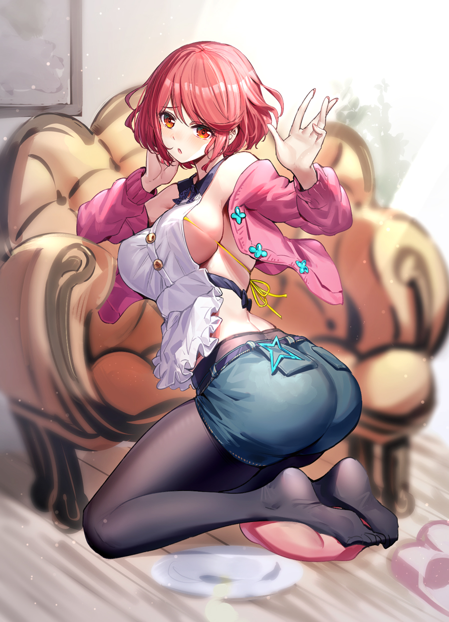 1girl ass backless_outfit bangs black_legwear blue_shorts blush breasts highres jacket large_breasts long_sleeves looking_at_viewer off_shoulder open_clothes open_jacket open_mouth pantyhose pink_jacket pyra_(xenoblade) red_eyes redhead ririko_(zhuoyandesailaer) short_hair shorts sideboob solo swept_bangs xenoblade_chronicles_(series) xenoblade_chronicles_2