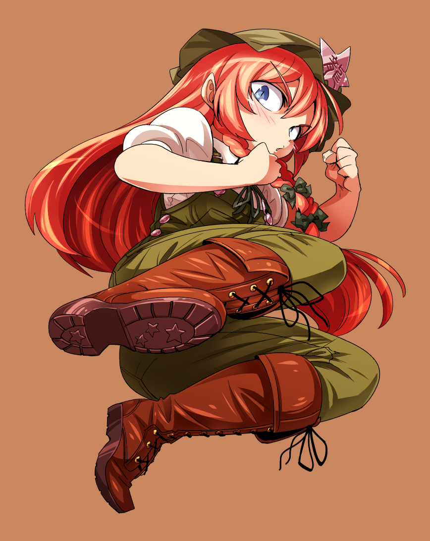 1girl blue_eyes blush boots brown_background from_below green_overalls hat_ornament hong_meiling kicking kung_fu leather leather_boots open_mouth overalls redhead shimizu_pem shirt simple_background star_(symbol) touhou white_shirt