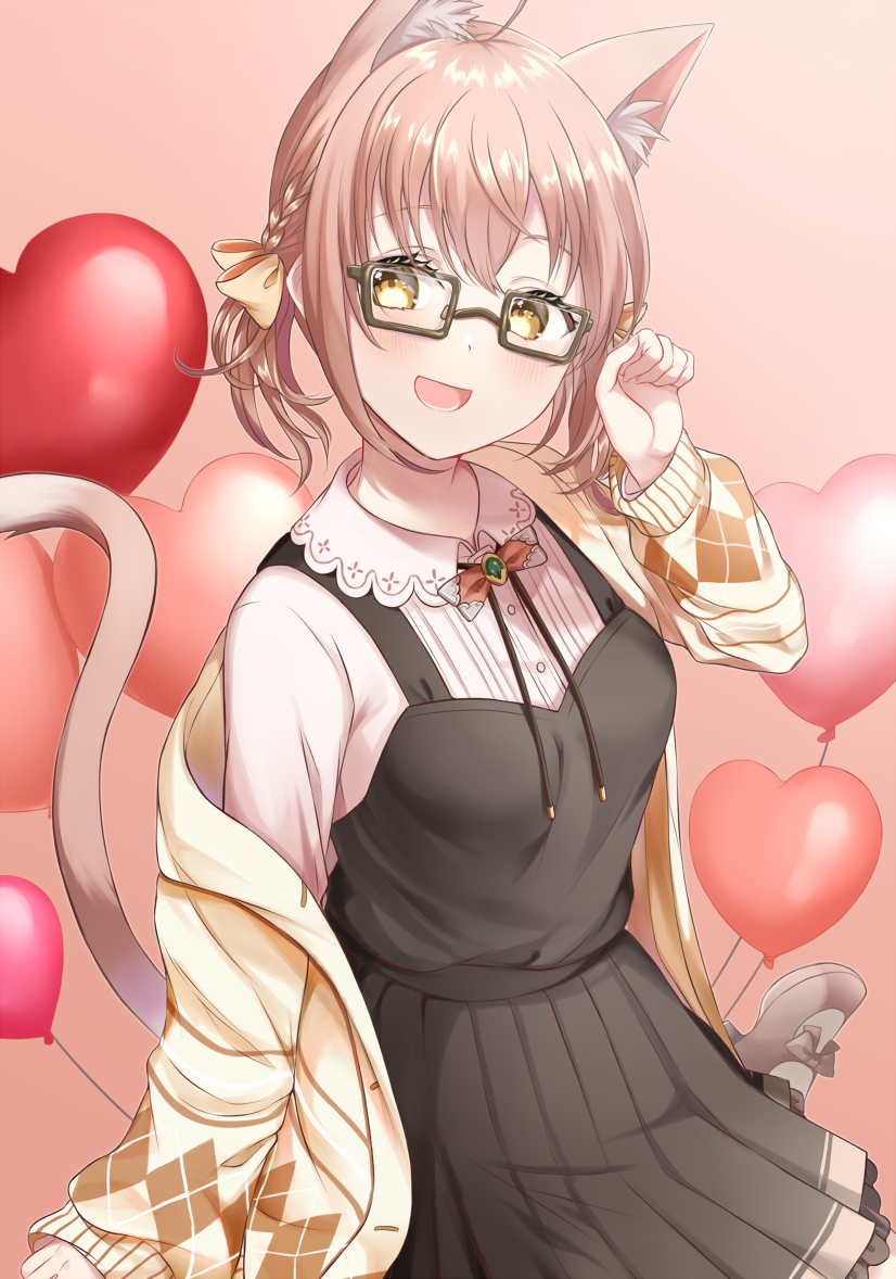 1girl :d animal_ear_fluff animal_ears black-framed_eyewear black_dress braid brown_eyes brown_footwear brown_hair brown_jacket cat_ears cat_girl cat_tail collared_shirt commentary_request dress glasses hand_up jacket long_sleeves looking_at_viewer low_twintails mashiro_aa off_shoulder open_clothes open_jacket original paw_pose pleated_dress puffy_long_sleeves puffy_sleeves semi-rimless_eyewear shirt shoes sitting sleeveless sleeveless_dress sleeves_past_wrists smile socks solo tail tail_raised twintails under-rim_eyewear white_legwear white_shirt