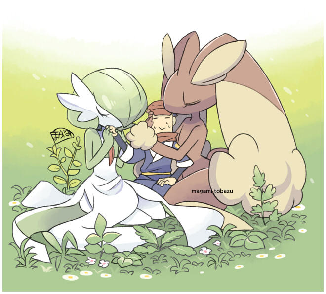 1boy 2girls :&gt; alpha_pokemon animal_ears artist_name bangs black_hair blue_kimono bob_cut body_fur border brown_fur cabbie_hat closed_eyes closed_mouth colored_skin commentary_request day flat_chest flower furry furry_female furry_with_non-furry gardevoir gradient gradient_background grass green_background green_hair green_skin hair_over_one_eye hand_on_another's_head hand_on_own_thigh hand_up hands_up hat head_hug hetero holding_hands interspecies japanese_clothes kimono kiss kissing_hand layered_sleeves long_sleeves lopunny magami_tobazu multicolored_skin multiple_girls nervous on_ground one_eye_covered outdoors own_hands_together pokemon pokemon_(creature) pokemon_(game) pokemon_legends:_arceus rabbit_ears rabbit_girl rabbit_tail red_headwear red_scarf rei_(pokemon) scarf shiny shiny_hair short_hair short_over_long_sleeves short_sleeves signature simple_background sitting sweat tail two-tone_fur two-tone_skin u_u wariza watermark white_border white_flower white_skin yellow_fur yokozuwari