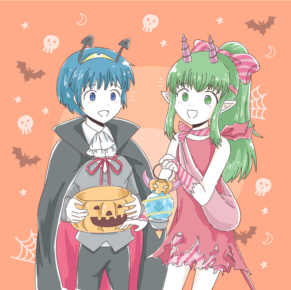 1boy 1girl blue_eyes blue_hair fire_emblem green_eyes green_hair halloween halloween_costume marth marth_(fire_emblem) pumpkin tiki_(fire_emblem)