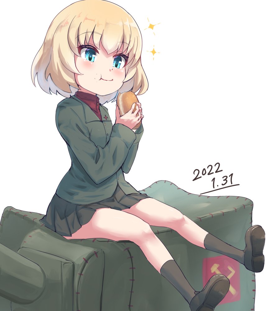 1girl birthday black_footwear black_legwear black_skirt blonde_hair blue_eyes buchikaki commentary_request dated emblem eyebrows_visible_through_hair food girls_und_panzer green_jacket holding holding_food insignia jacket katyusha_(girls_und_panzer) loafers long_sleeves pleated_skirt pout pravda_(emblem) pravda_school_uniform red_shirt school_uniform shirt shoes short_hair simple_background skirt smile solo sparkle turtleneck white_background