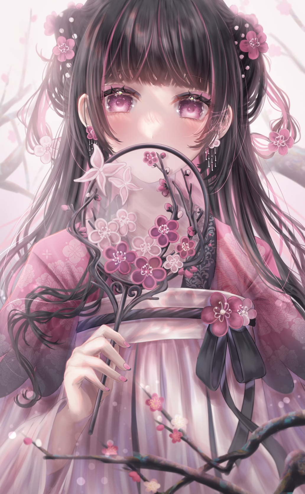 1girl bangs black_hair chinese_clothes covered_mouth earrings floral_print flower flower_earrings hair_flower hair_ornament hand_fan hanfu highres holding holding_fan jewelry long_hair looking_at_viewer multicolored_hair nail_polish original pink_eyes pink_flower pink_hair pink_nails solo streaked_hair upper_body yuubarish