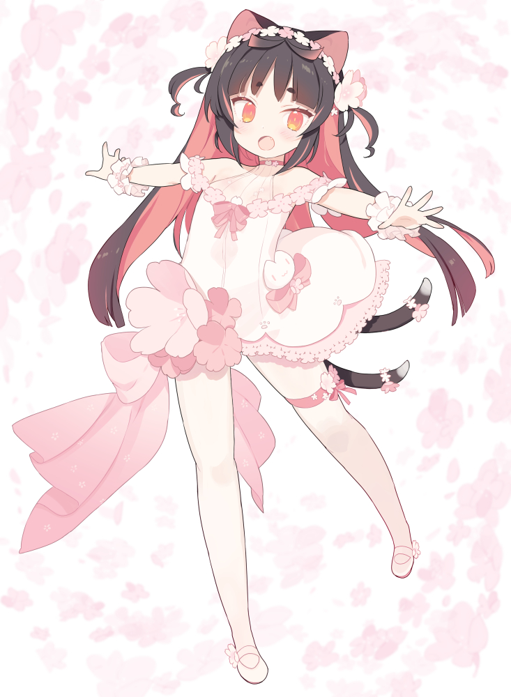 1girl animal_ears bare_shoulders black_hair blade_(galaxist) blush cat_ears cat_girl cat_tail commentary_request dress floral_background flower long_hair multicolored_hair multiple_tails nekoyama_nae off-shoulder_dress off_shoulder open_mouth outstretched_arms pink_flower red_eyes redhead shoes solo standing standing_on_one_leg tail toranoana two-tone_hair two_tails very_long_hair virtual_youtuber white_dress white_footwear wrist_cuffs