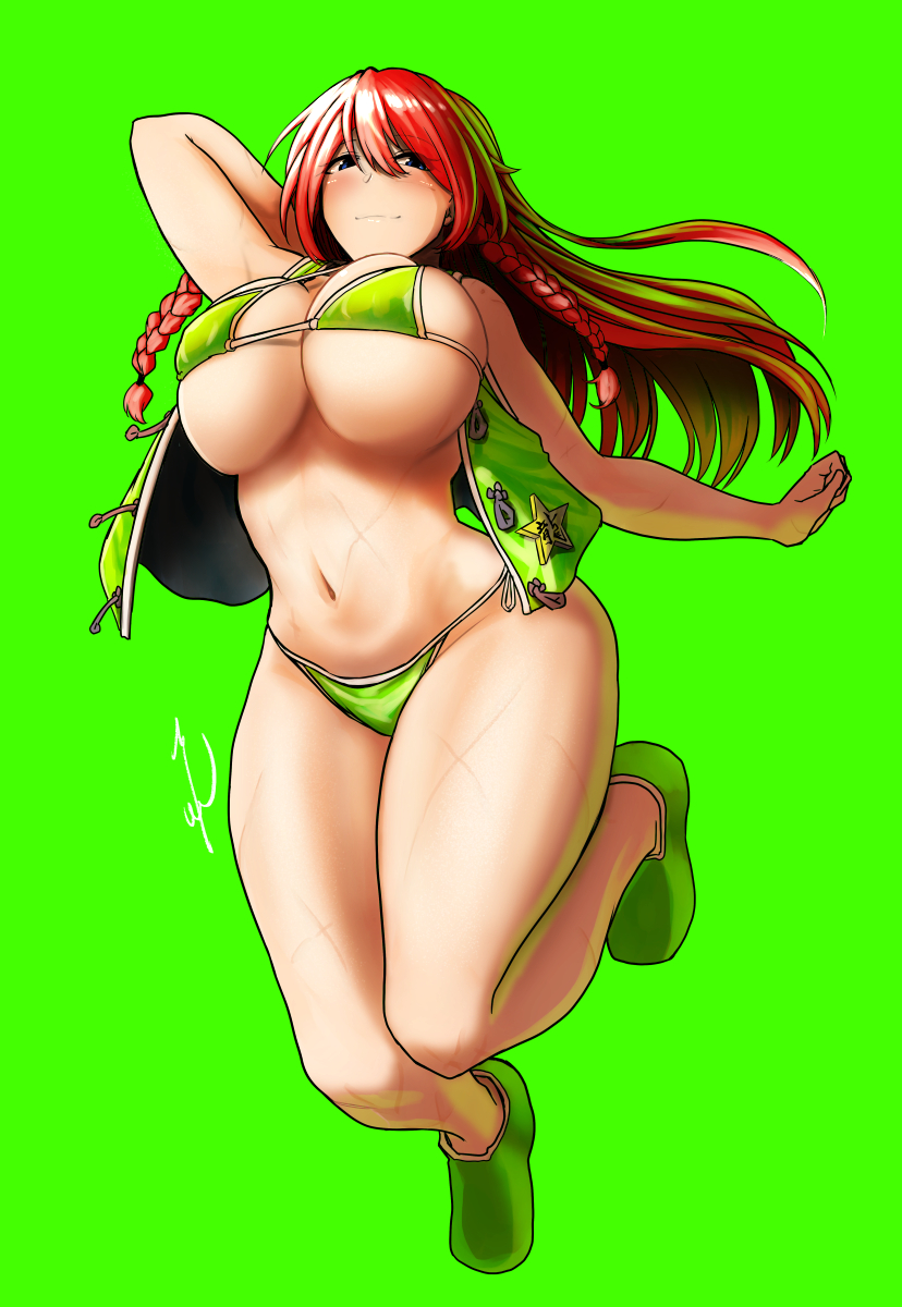 1girl arm_up bangs bikini blue_eyes blush braid breasts closed_mouth eyebrows_visible_through_hair eyes_visible_through_hair floating_breasts floating_hair full_body green_background green_footwear green_vest hair_between_eyes highres hong_meiling koyubi_(littlefinger1988) large_breasts long_hair looking_at_viewer open_clothes open_vest red_eyes redhead scar side_braids simple_background smile solo star_(symbol) swimsuit thighs touhou twin_braids under_boob very_long_hair vest