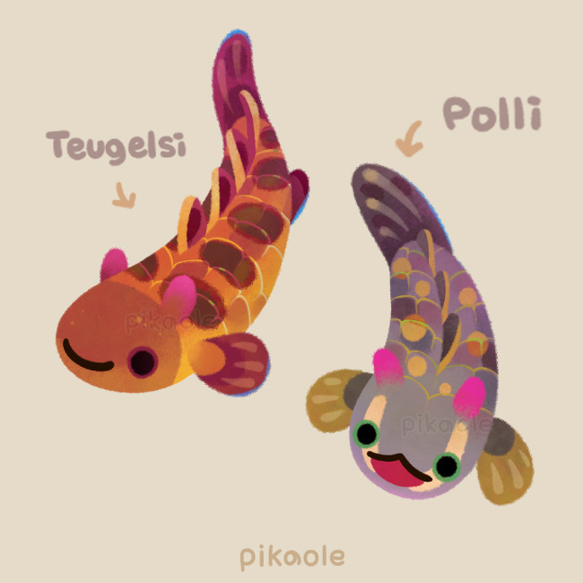 animal animal_focus arrow_(symbol) artist_name bichir_polypterus closed_mouth commentary english_commentary fins green_eyes no_humans open_mouth original pikaole pink_eyes simple_background smile tail_fin tan_background watermark