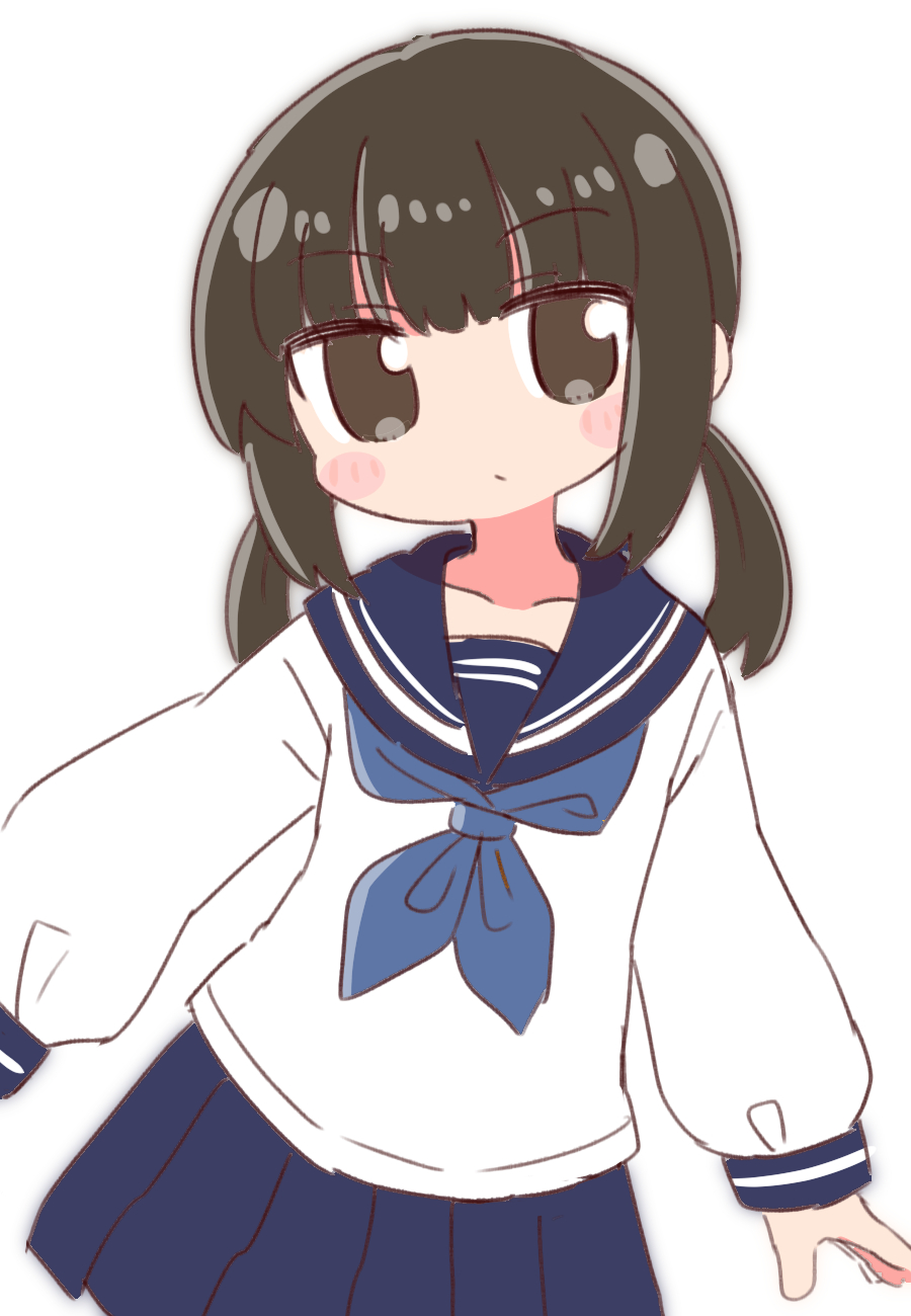 1girl bangs blue_neckerchief blue_sailor_collar blue_skirt blush_stickers brown_eyes brown_hair closed_mouth collarbone eyebrows_visible_through_hair head_tilt highres long_hair long_sleeves looking_at_viewer low_twintails naga_u neckerchief original pleated_skirt puffy_long_sleeves puffy_sleeves sailor_collar shirt simple_background skirt sleeves_past_wrists solo twintails white_background white_shirt