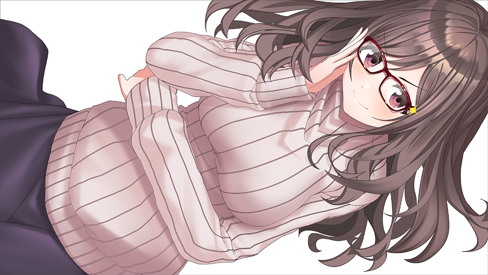1girl adjusting_eyewear black_skirt breasts brown_hair brown_sweater closed_mouth commentary_request dutch_angle glasses glint hand_up idolmaster idolmaster_shiny_colors long_hair long_sleeves medium_breasts o_(rakkasei) puffy_long_sleeves puffy_sleeves red-framed_eyewear red_eyes ribbed_sweater simple_background skirt sleeves_past_wrists smile solo sweater tsukioka_kogane turtleneck turtleneck_sweater white_background