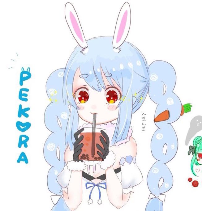 2girls animal_ear_fluff animal_ears aqua_hair arm_cuffs artist_self-insert bangs black_gloves blue_hair blush braid bubble_tea bunny-shaped_pupils carrot carrot_hair_ornament character_name coat commentary_request creature detached_sleeves drinking drinking_straw drinking_straw_in_mouth extra_ears eyebrows eyebrows_visible_through_hair food food-themed_hair_ornament fur-trimmed_gloves fur_trim gloves hair_ornament heart holding hololive light_blue_hair long_hair looking_at_viewer mouth_hold multiple_girls puffy_short_sleeves puffy_sleeves rabbit_ears rabbit_girl red_eyes short_sleeves sidelocks simple_background symbol-shaped_pupils thick_eyebrows translation_request twin_braids twintails upper_body uruha_rushia uruha_rushia_(artist) usada_pekora virtual_youtuber white_background white_coat