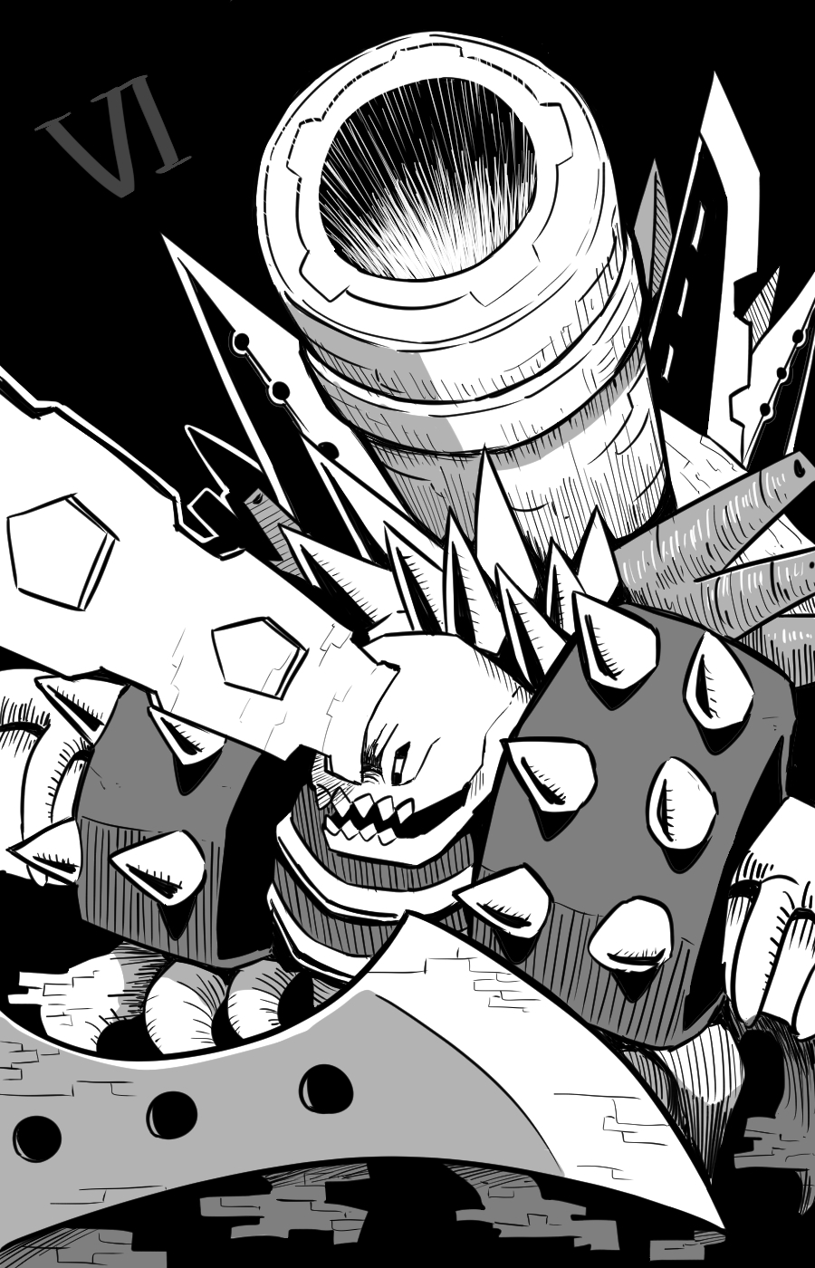 7th_dragon_(series) 7th_dragon_iii black_background blade cannon character_request greyscale highres monochrome monster naga_u open_mouth revision sharp_teeth simple_background solo spikes teeth