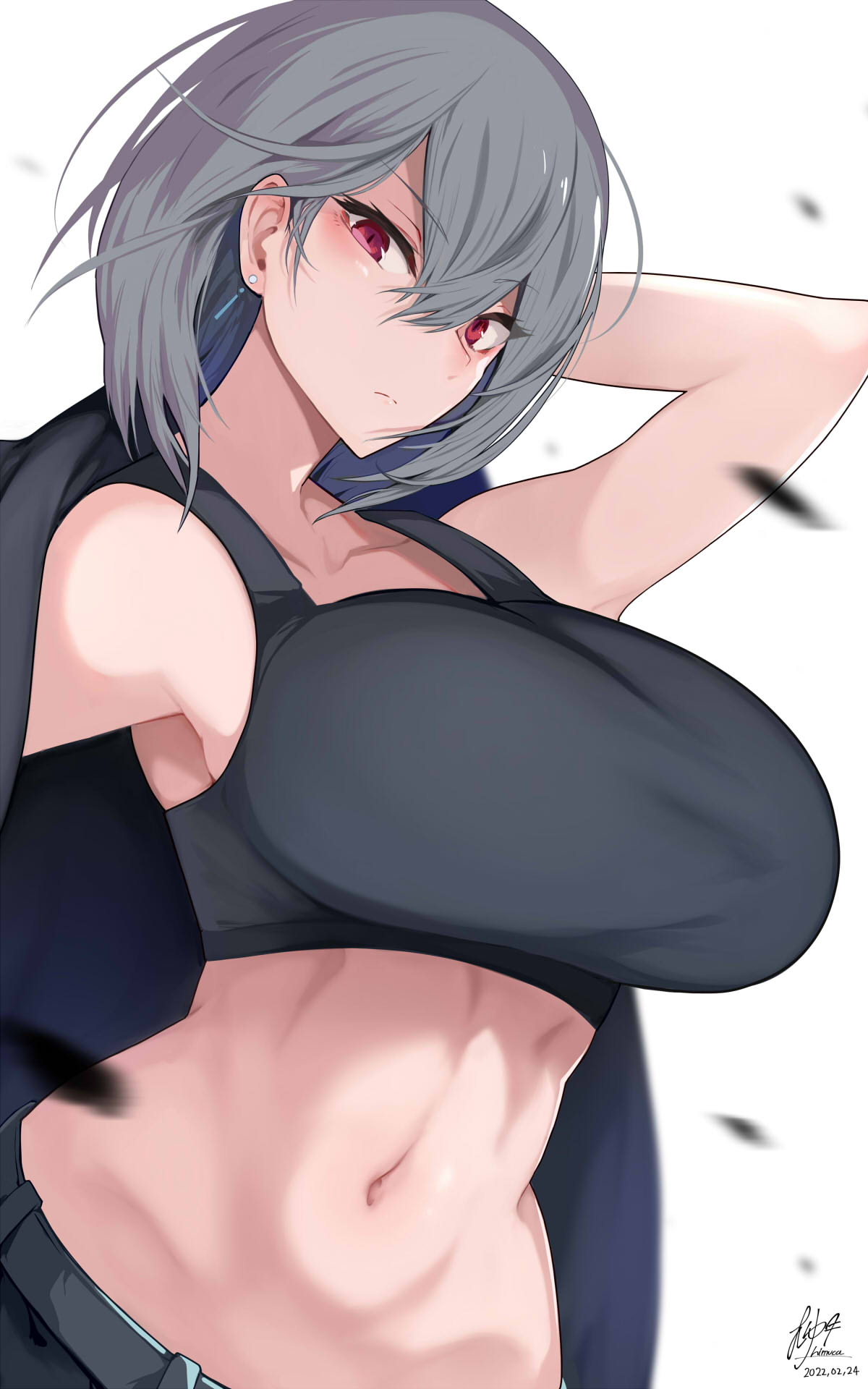1girl abs bangs black_coat black_pants black_sports_bra blurry breasts closed_mouth coat collarbone commentary_request dated depth_of_field earrings eyebrows_visible_through_hair grey_hair hair_between_eyes hand_in_hair highres himuka_(523) jewelry large_breasts leaves_in_wind looking_at_viewer navel original pants red_eyes short_hair signature simple_background solo sports_bra stomach toned white_background