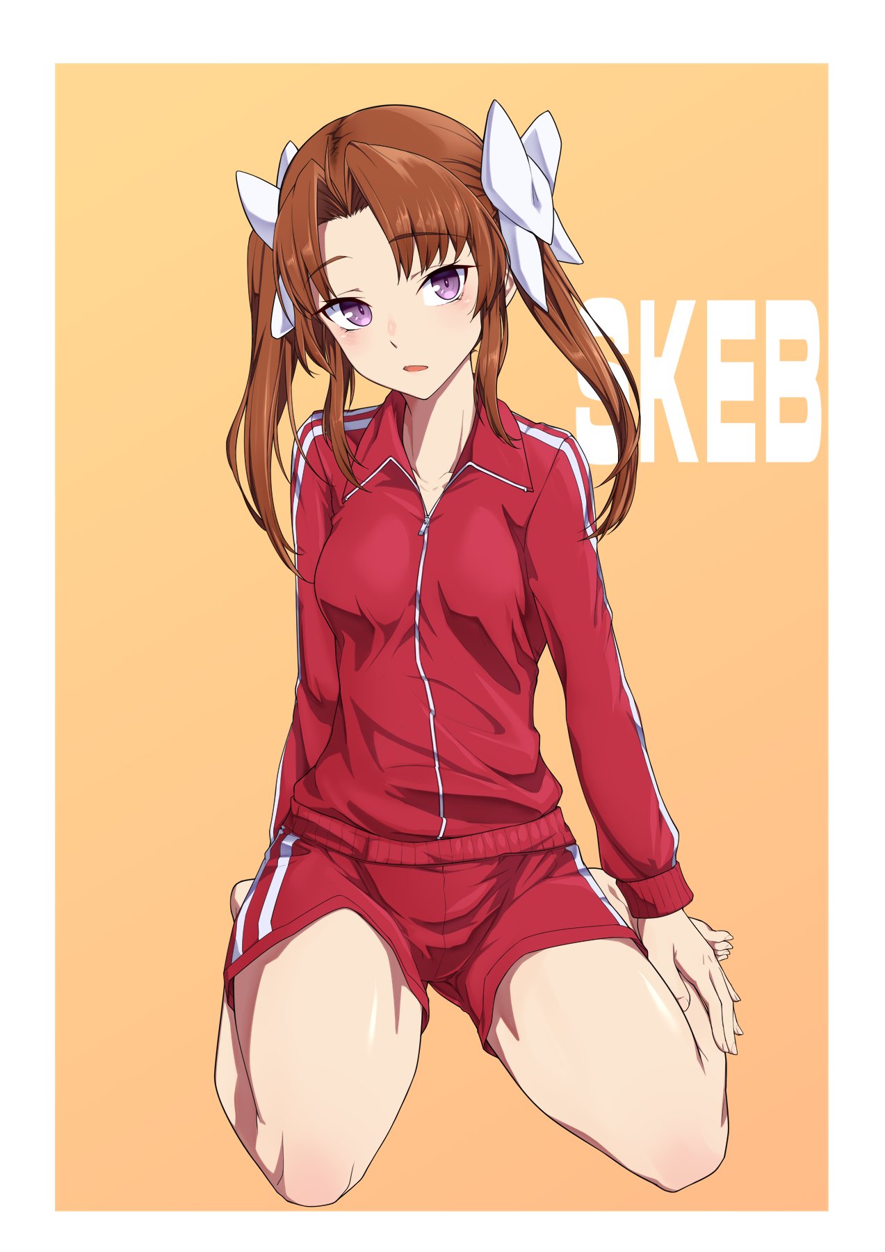 1girl alternate_costume barefoot breasts brown_hair commission hair_ribbon highres kagerou_(kancolle) kantai_collection kukurus long_hair looking_at_viewer medium_breasts open_mouth orange_background red_shorts remodel_(kantai_collection) ribbon seiza shorts simple_background sitting skeb_commission solo track_suit twintails violet_eyes white_ribbon