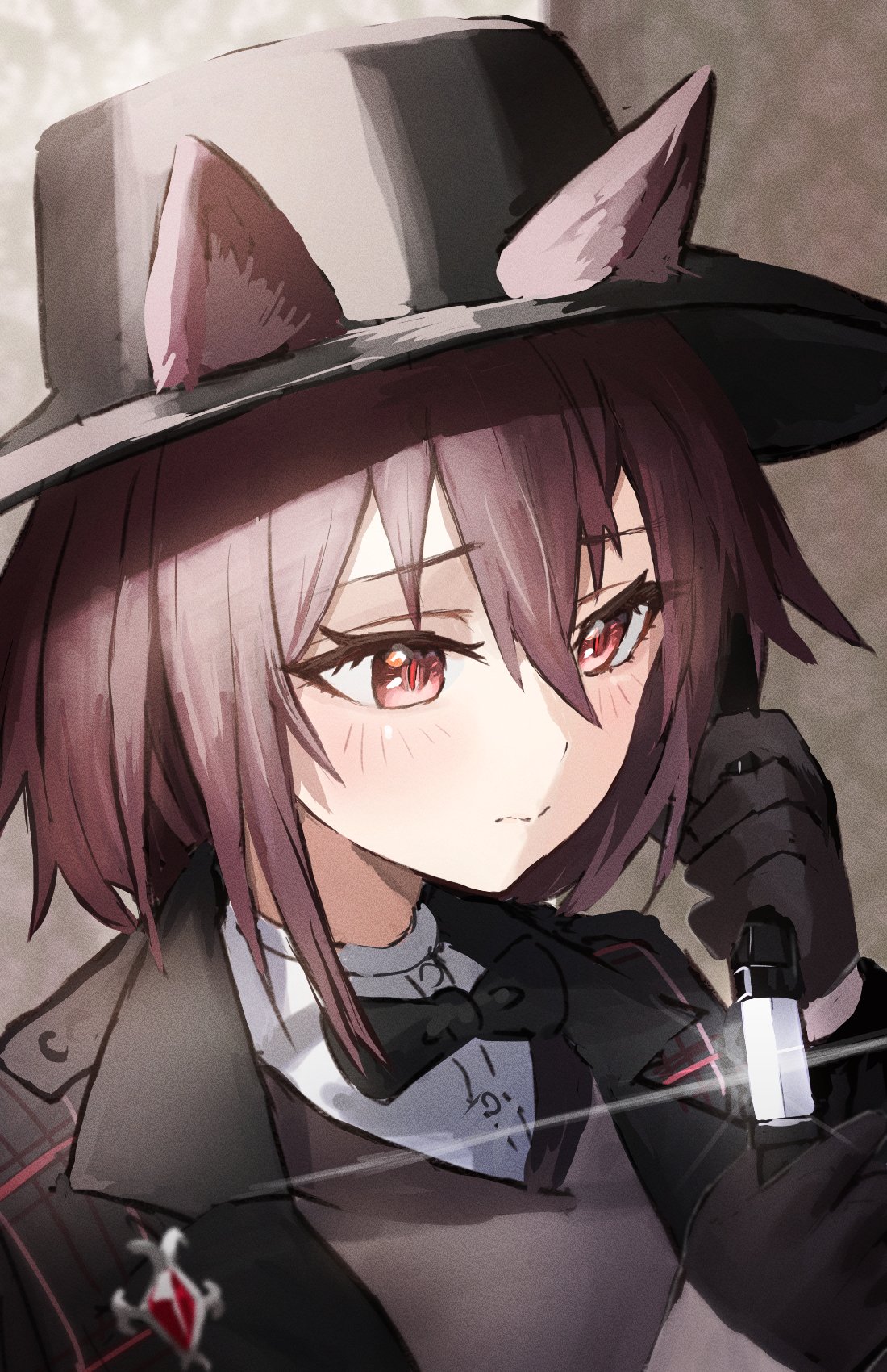1girl animal_ear_fluff animal_ears arknights bangs black_bow black_bowtie black_gloves black_headwear black_jacket blush bow bowtie cat_ears closed_mouth dagger ears_through_headwear eyebrows_visible_through_hair fedora glint gloves hair_between_eyes hat highres holding holding_weapon jacket knife lens_flare melantha_(arknights) melantha_(letters_from_wessex)_(arknights) official_alternate_costume open_clothes open_jacket purple_hair raw_egg_lent red_eyes short_hair solo upper_body weapon