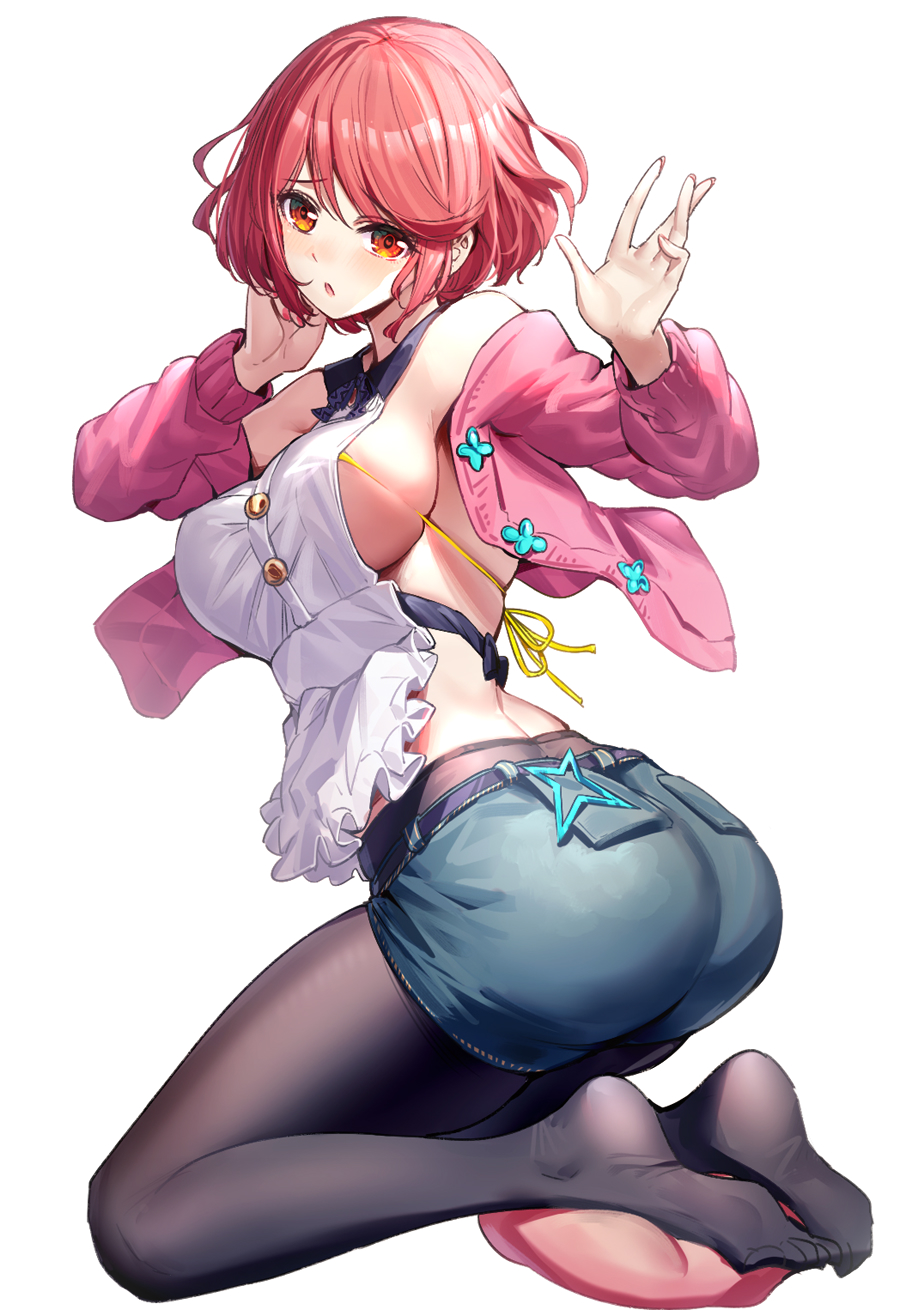 1girl ass backless_outfit bangs black_legwear blue_shorts blush breasts highres jacket large_breasts long_sleeves looking_at_viewer off_shoulder open_clothes open_jacket open_mouth pantyhose pink_jacket pyra_(xenoblade) red_eyes redhead ririko_(zhuoyandesailaer) short_hair shorts sideboob simple_background solo swept_bangs white_background xenoblade_chronicles_(series) xenoblade_chronicles_2