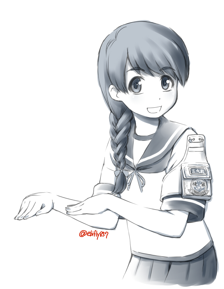 1girl badge braid commentary_request cowboy_shot ebifly greyscale grin hair_over_shoulder kantai_collection long_hair looking_at_viewer monochrome neckerchief one-hour_drawing_challenge pleated_skirt school_uniform serafuku single_braid skirt smile solo twitter_username uranami_(kancolle)