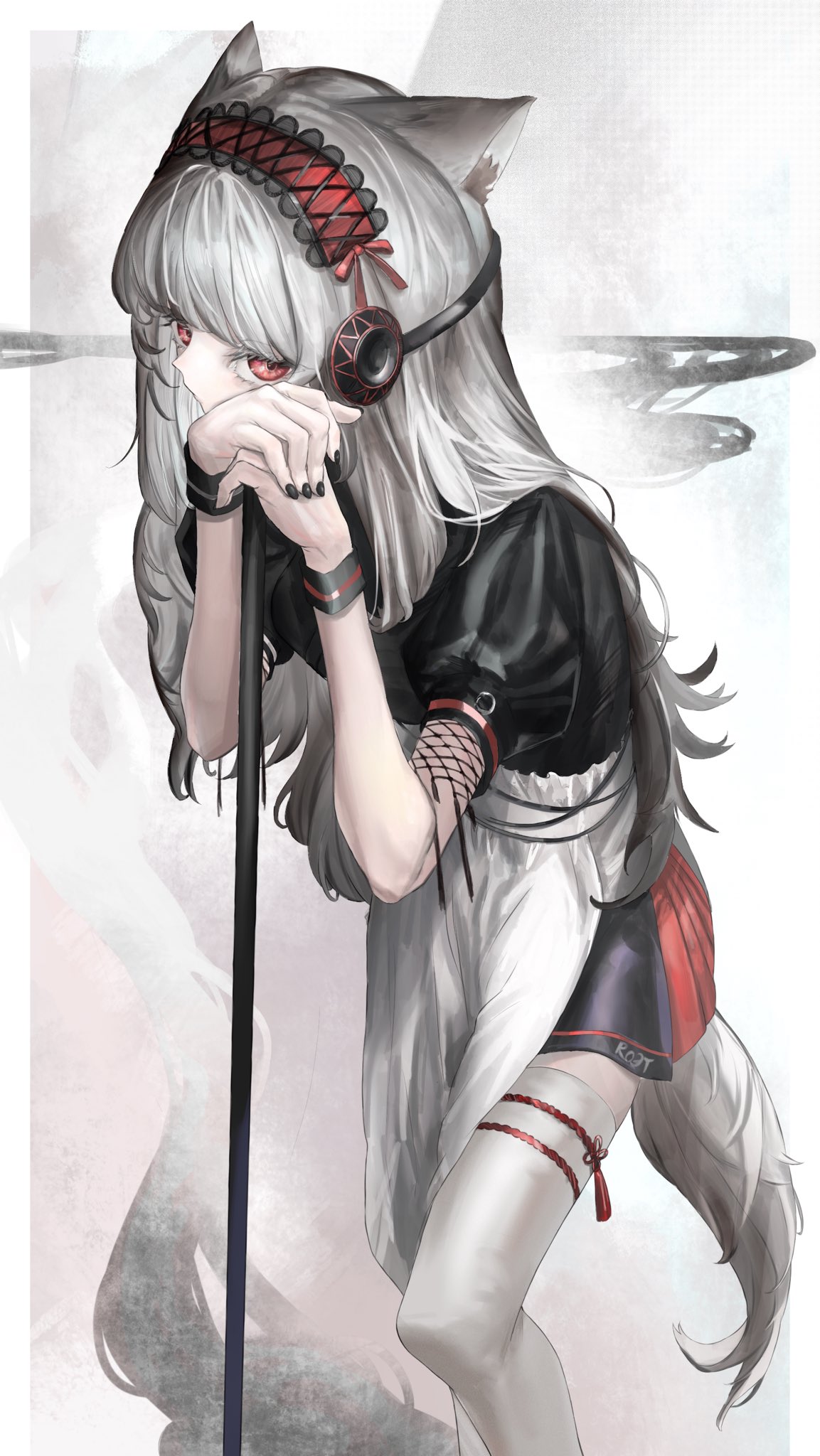 1girl alternate_costume animal_ears apron arknights black_dress black_nails dress enmaided feet_out_of_frame fox_ears fox_girl fox_tail frostleaf_(arknights) grey_hair hairband headphones highres implied_extra_ears long_hair looking_at_viewer maid own_hands_together red_eyes red_hairband sawatani_(_swt2) short_sleeves solo standing tail thigh-highs white_apron white_background white_legwear
