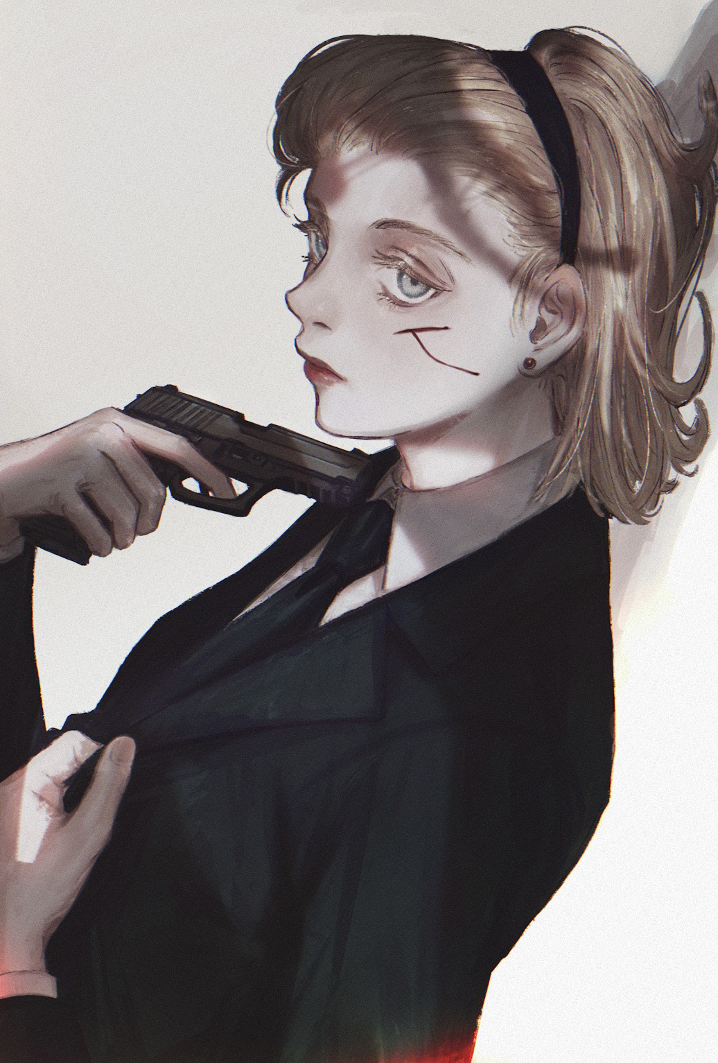 0229661 1girl against_wall aiming black_jacket black_necktie blonde_hair blood blue_eyes breasts clothes_grab collared_shirt colored_eyelashes cuts earrings eyelashes finger_on_trigger formal from_side gun hair_slicked_back hairband handgun highres holding holding_gun holding_weapon hunter_x_hunter injury jacket jewelry long_sleeves looking_at_viewer necktie red_lips shirt short_hair sideways_glance solo stud_earrings suit theta_(hunter_x_hunter) upper_body weapon white_background white_shirt