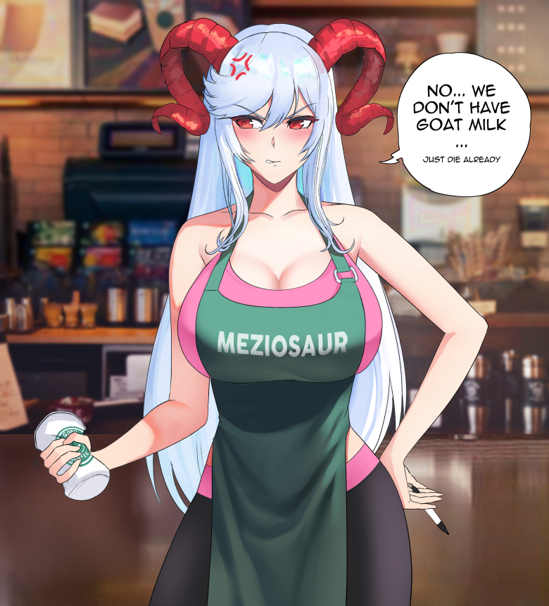 1girl alternate_costume anger_vein angry apron artist_name bangs black_pants blurry blurry_background blush breasts coffee_cup coffee_maker_(object) collarbone commentary contemporary cup curled_horns disposable_cup english_commentary eyebrows_visible_through_hair fire_emblem fire_emblem_heroes freyja_(fire_emblem) goat_horns green_apron hand_on_hip holding holding_pen horns iced_latte_with_breast_milk_(meme) indoors large_breasts looking_to_the_side meme meziosaur pants pen pink_shirt red_eyes red_horns shirt sidelocks silver_hair sleeveless sleeveless_shirt solo speech_bubble starbucks